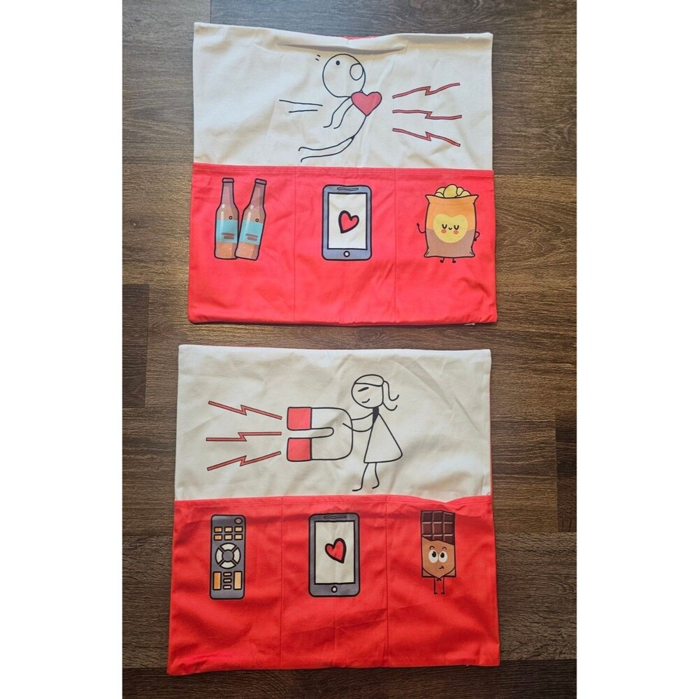 His Her's Pillow Cover 3 Pockets 18x18  Pillow Case Couch Bed Remote Phone